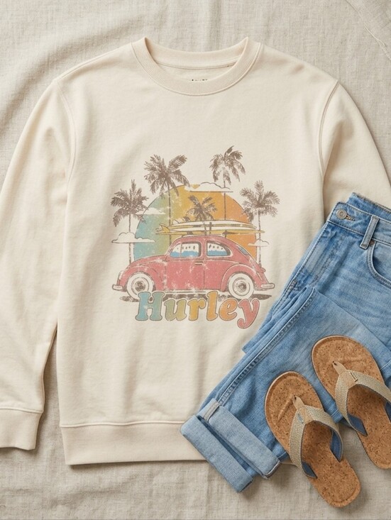 Hurley Tops - Hurley Cream Graphic Pullover Crewneck Sweatshirt